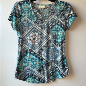 Bobbie Brooks Teal and Blue BOHO Short Sleeve Top